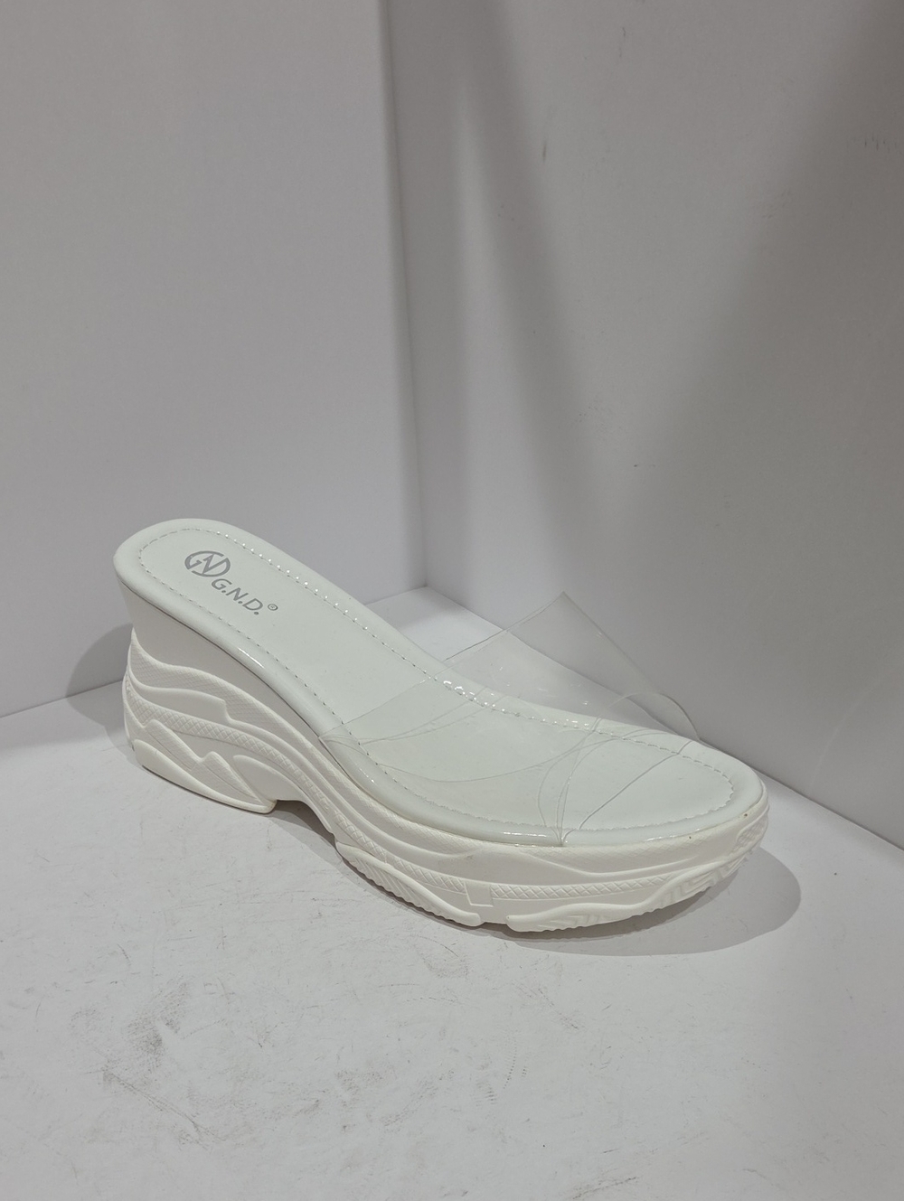 G.N.D. White Clear-Strap Platform Mule